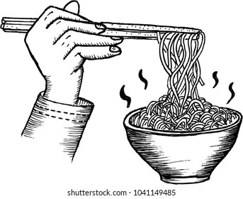 chicken noodle,chopsticks hand, sketch