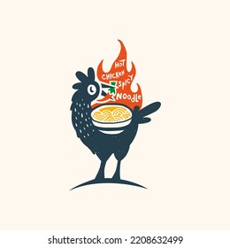 Chicken noodles fire logo design with hand drawn style illustration