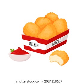 Chicken nuggets in a box and a bowl with ketchup sauce and herbs. Fast food, snacks, meat food. Fatty, high-calorie food. Flat cartoon style, isolated on a white background.Color vector illustration.