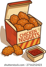 Chicken Nuggets in Box with Sauce Flat Vector Illustration
