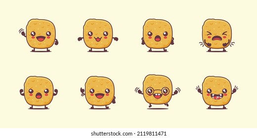 Chicken nuggets cartoon. food vector illustration. with different faces and expressions. cute cartoon