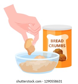Chicken nuggets cooking at home. Making crispy crust of bread crumbs. Unhealthy snack of meat. Cooking tasty dinner. Isolated flat illustration