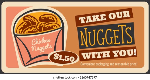 Chicken nuggets fast food retro advertisement poster for restaurant or cinema bistro snacks menu. Vector vintage design of tasty finger food nuggets for fastfood delivery or takeaway cafe