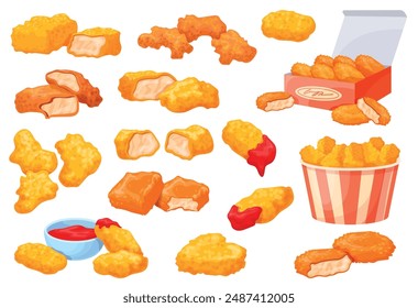 Chicken nuggets. Fried chick nugget with tomato ketchup, tenders breaded chickens crispy chips american fast food snack on lunch unhealthy food set cartoon neat vector illustration