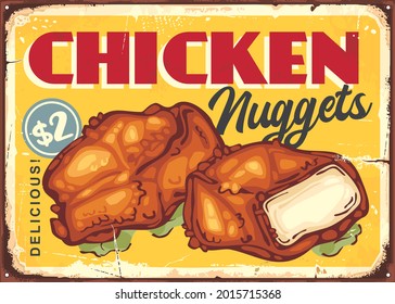 Chicken nuggets fried food menu advertisement. Retro sign with crispy fried chicken meat. Vintage vector poster for fast food restaurant.