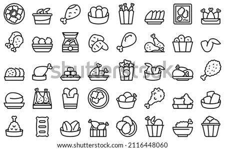 Chicken nuggets icons set outline vector. Basket grill. Finger cook Stock foto © 