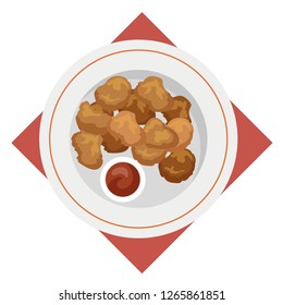 Chicken nuggets meal. Crispy snack with sauce. Fried fast food. Delicious dinner or lunch. Vector illustration in cartoon style