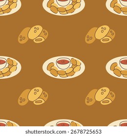 Patrón sin fisuras de pepitas de pollo. Fondo de comida rápida dibujado a mano con comida frita en el plato. Diseño de menú de restaurante de caricatura. Ilustración vectorial plana