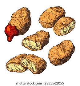 chicken nuggets set hand drawn. food crispy, fried vector, ketchup sauce chicken nuggets vector sketch. isolated color illustration