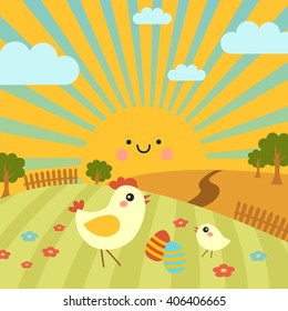 chicken on cute cartoon spring landscape & sun, trees, flowers