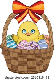 Chicken On Easter Eggs Basket vector