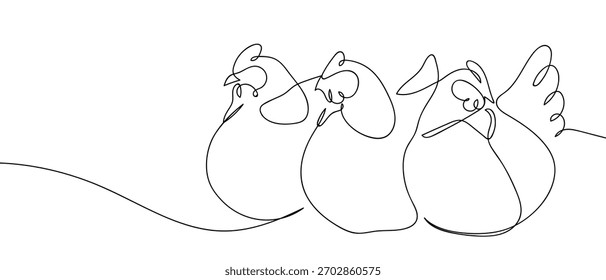 Chicken on the farm, one continuous line in simple linear style Vector illustration in doodle style.