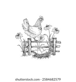 Chicken on a fence in a front garden with chamomile flowers and nest with eggs. Vector graphic black and white illustration hand drawn with ink. Country scene for farm produce label design