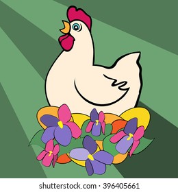 chicken on a green background. Vector illustration.