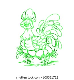 Chicken on green eggs. Happy Easter