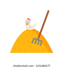 Chicken on haystack with stuck pitchfork agriculture colorful illustration. Bale of dry grass and white hen sitting on top vector image in cartoon style