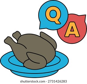 A chicken is on a plate with a question mark and an A above it. The image is meant to be humorous and playful, as it combines a common food item with a question mark and an alphabet