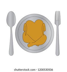Chicken on a silver plate line art, isolated on white
