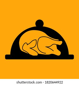 Chicken on a tray with a lid on a yellow background, sign for design, vector illustration