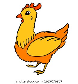Chicken on white isolated backdrop. Easter mascot for invitation or gift card, notebook, poultry farm logo, bath tile, scrapbook. Phone case or cloth print art. Cartoon style stock vector illustration