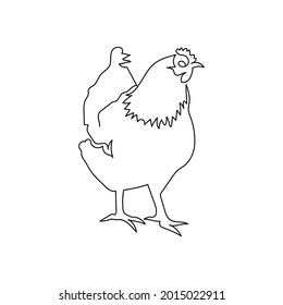 Chicken one line art. Continuous line drawing of brood hen, domestic animal.