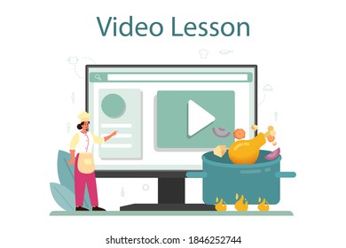 Chicken online service or platform. Tasty meal and ready dish. Homemade dinner or lunch in the plate. Video lesson. Flat illustration