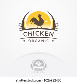 Chicken organic logo. Rooster badge, emblem or logo design. Chicken meat and eggs. Farms logo template