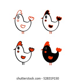 The chicken, the outline of a Cockerel on white background. Set of vector illustrations