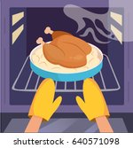  Chicken in the oven. Hands in kitchen gloves. Vector. Cartoon. Flat. 