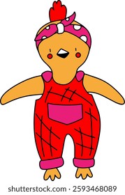 Chicken in overalls, children's print in doodle style, vector