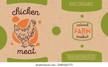 Chicken package box. Organic food. Meat label template. Natural product. Cardboard packaging. Carton for craft butcher farm. Poultry paper card. Domestic fowl. Vector design background