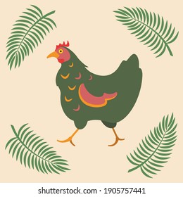 Chicken with palm branches. Easter concept with cartoon bird