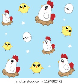 Chicken pattern, eggs and chick in blue sky background.