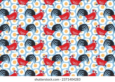 Chicken pattern and fried eggs isolated on white background