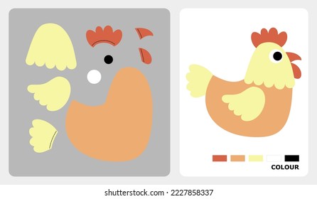 Patrón de pollo para artesanías infantiles o artesanías de papel. Ilustración vectorial del rompecabezas de pollo. patrones de corte y pegamento para la artesanía infantil.