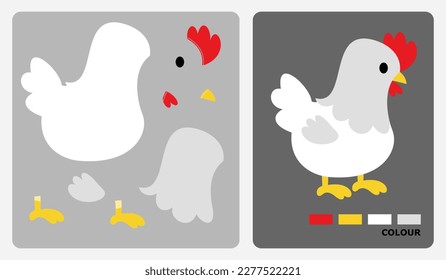 Hühnermuster für Kinderhandwerk oder Papierhandwerk. Vektorgrafik des Hühnerpuzzles. Schnittmuster und Leimmuster für Kinderhandwerk.
