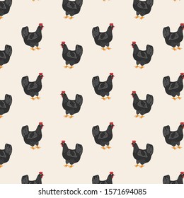 Chicken pattern. Vector minimalistic ornament with black chicken in flat style. Cartoon drawing. Farm animals