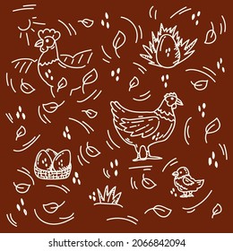 Chicken pictogram pattern. The background is a line with a bird, eggs, chicken, rooster. Livestock for the farm. A doodle substrate with elements of organic matter and nature. Vector illustration