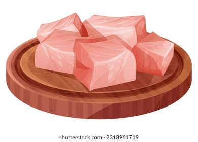 Chicken pieces, cubes raw meat, chopped slices on wooden bord in cartoon style isolated on white background. Uncooked ingredient. 