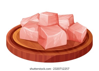 Chicken pieces, cubes raw meat, chopped slices on wooden bord in cartoon style isolated on white background. Uncooked ingredient. 