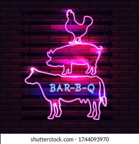 Chicken Pig Cow Silhouette. Neon BBQ sign on a brick background . BBQ of Neon-Style.