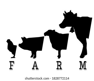 chicken, pig, sheep, cow. silhouette of animals with the inscription farm
