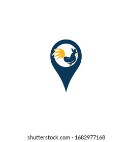 Chicken pin logo vector design. Rooster map pin shape concept logo design.