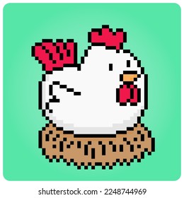 Chicken pixel art is incubating the eggs. Cute animals for game assets in vector illustrations.