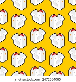 Chicken pixel art pattern seamless. 8 bit Chicken farm birds background. pixelated ornament. Baby fabric texture