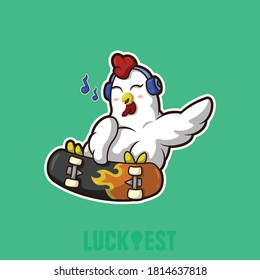 The Chicken is Playing Skateboard flat cartoon style icon vector illustration logo template for many purpose.