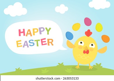 Chicken plays with easter eggs