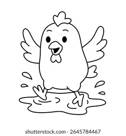 Chicken Plays In Puddle Outline for Coloring Page