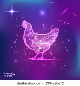 chicken. Polygonal wireframe chicken silhouette on gradient background. Space, futuristic, zodiac concept. Shine neon style vector illustration