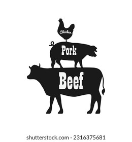 Chicken Pork Cow Farm Animals illustration for BBQ design, BBQ element vector